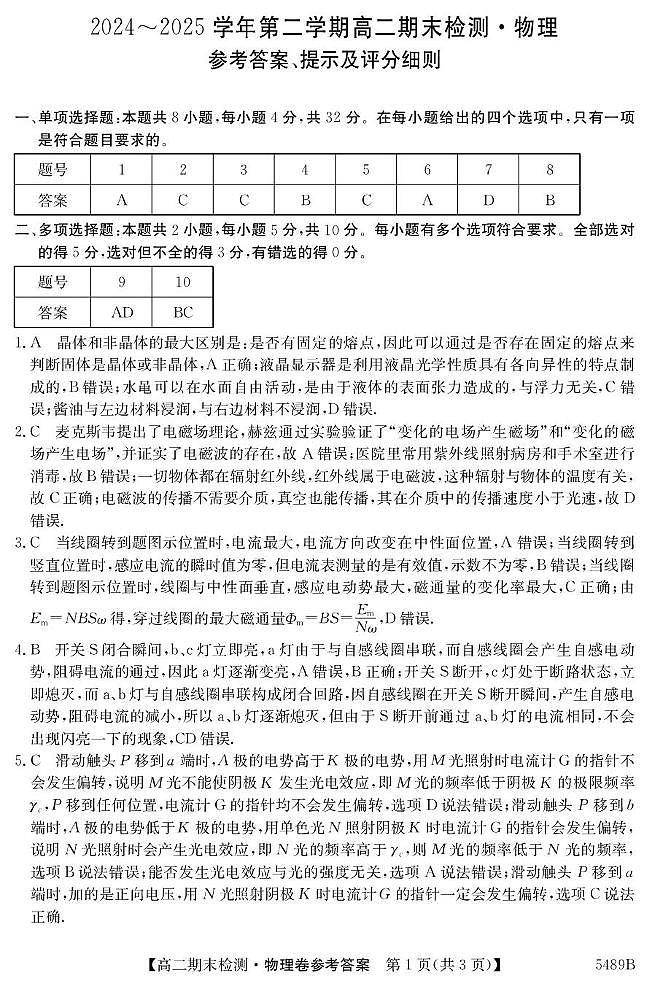 安徽县中联盟2024-2025学年高二下学期期末检测物理答案第1页