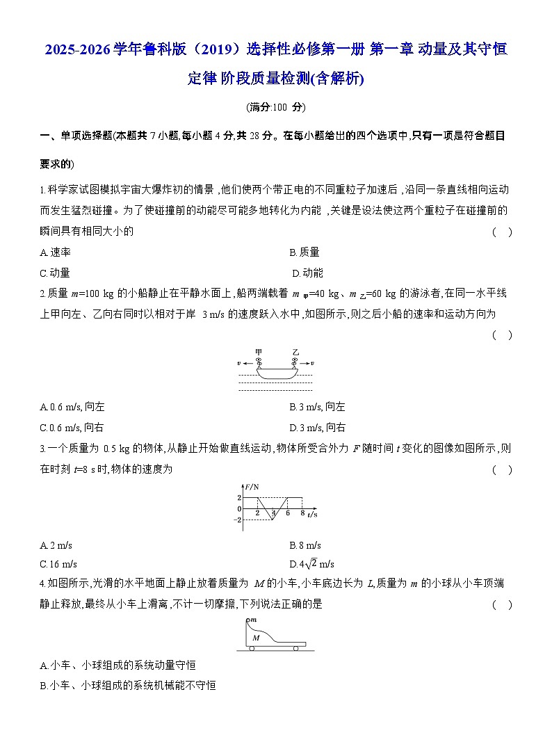 2025-2026学年物理鲁科版（2019）选择性必修第一册 第一章 动量及其守恒定律 阶段质量检测(含解析)第1页