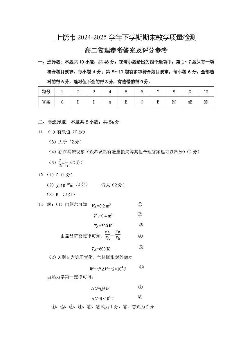 高二物理参考答案及评分参考第1页