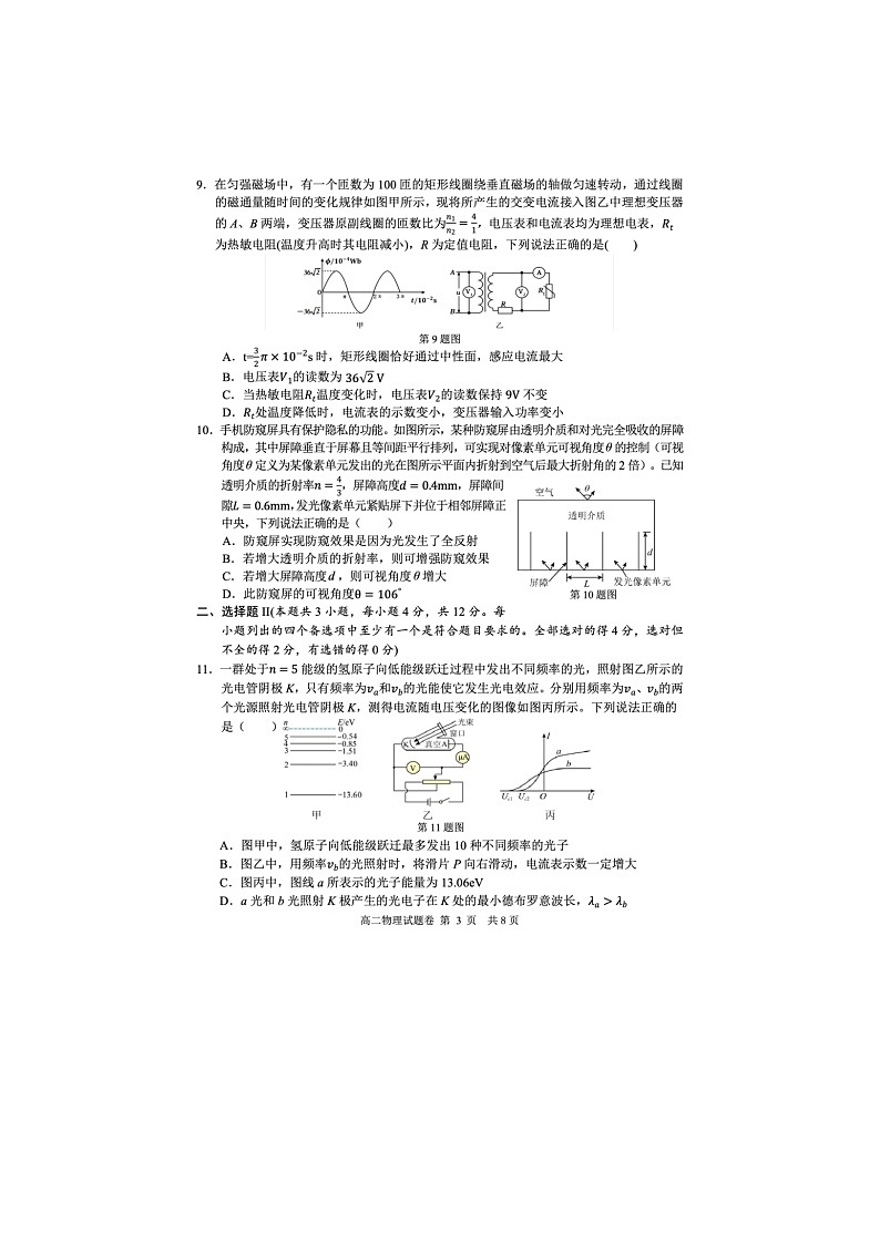 浙江省丽水市2024-2025学年第二学期高二期末考试物理卷含答案第3页