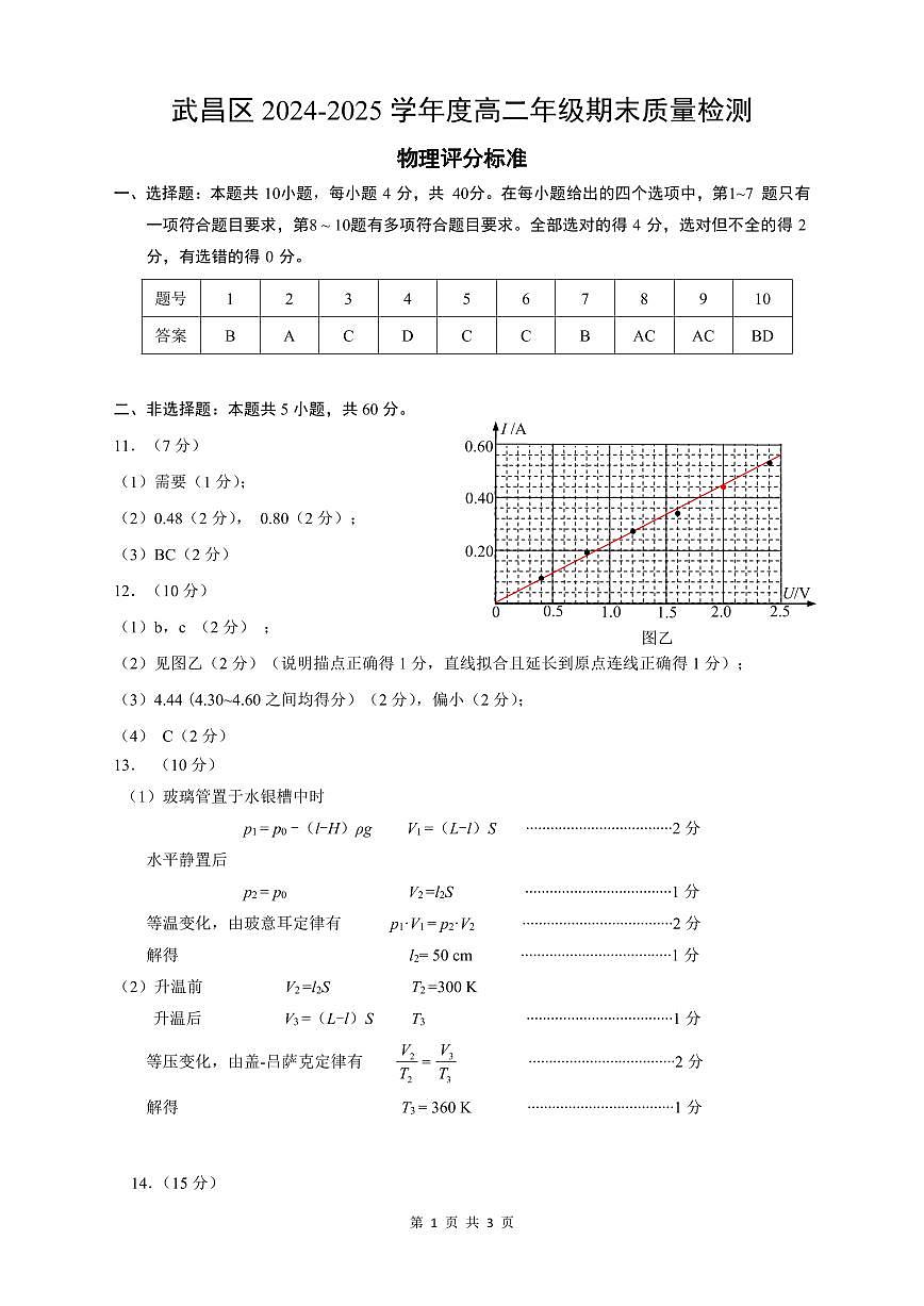 湖北省武昌区2024~2025学年度高二年级期末质量检测物理答案第1页