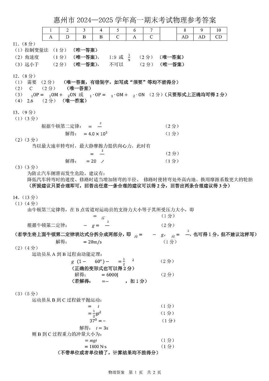 广东惠州2024-2025学年高一下学期期末质量检测物理答案第1页