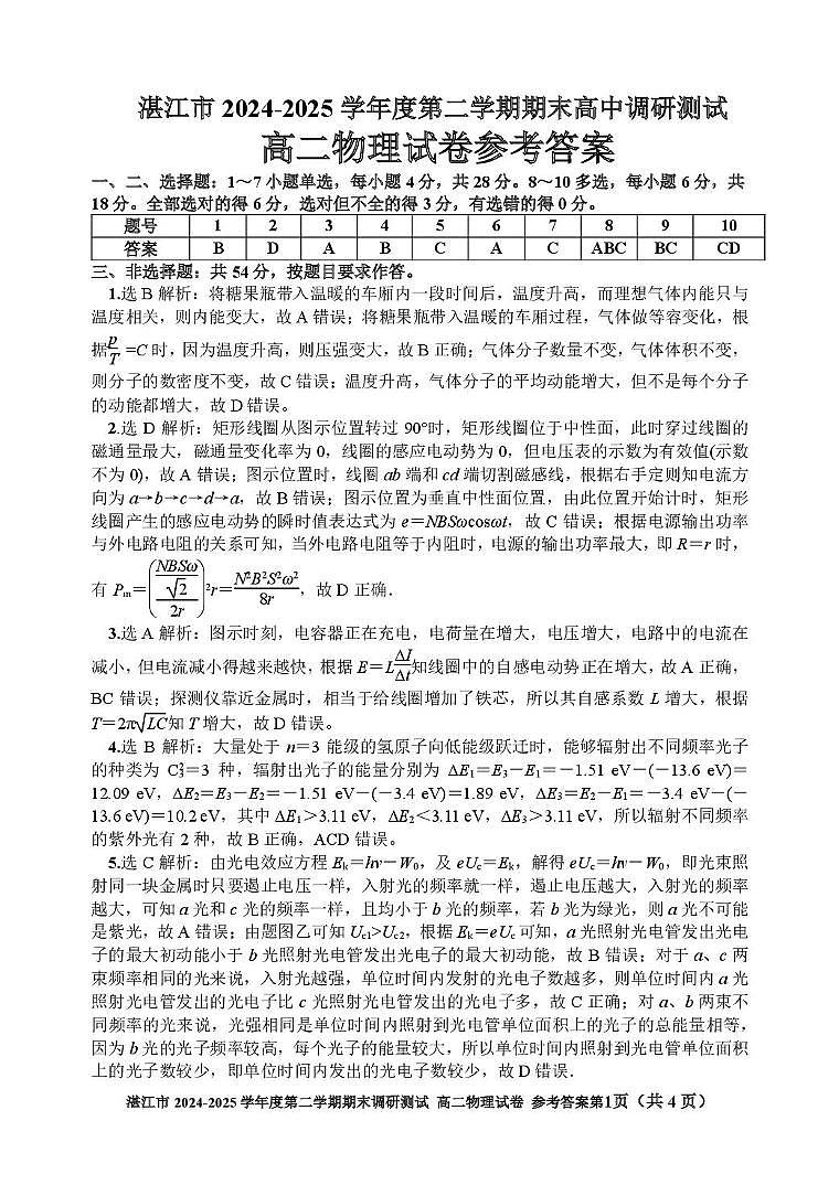 广东湛江2024-2025学年高二下学期期末调研考试物理答案第1页