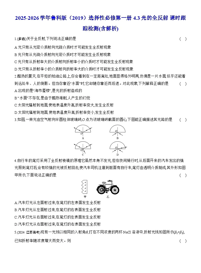 2025-2026学年物理鲁科版（2019）选择性必修第一册 4.3光的全反射 课时跟踪检测(含解析)第1页
