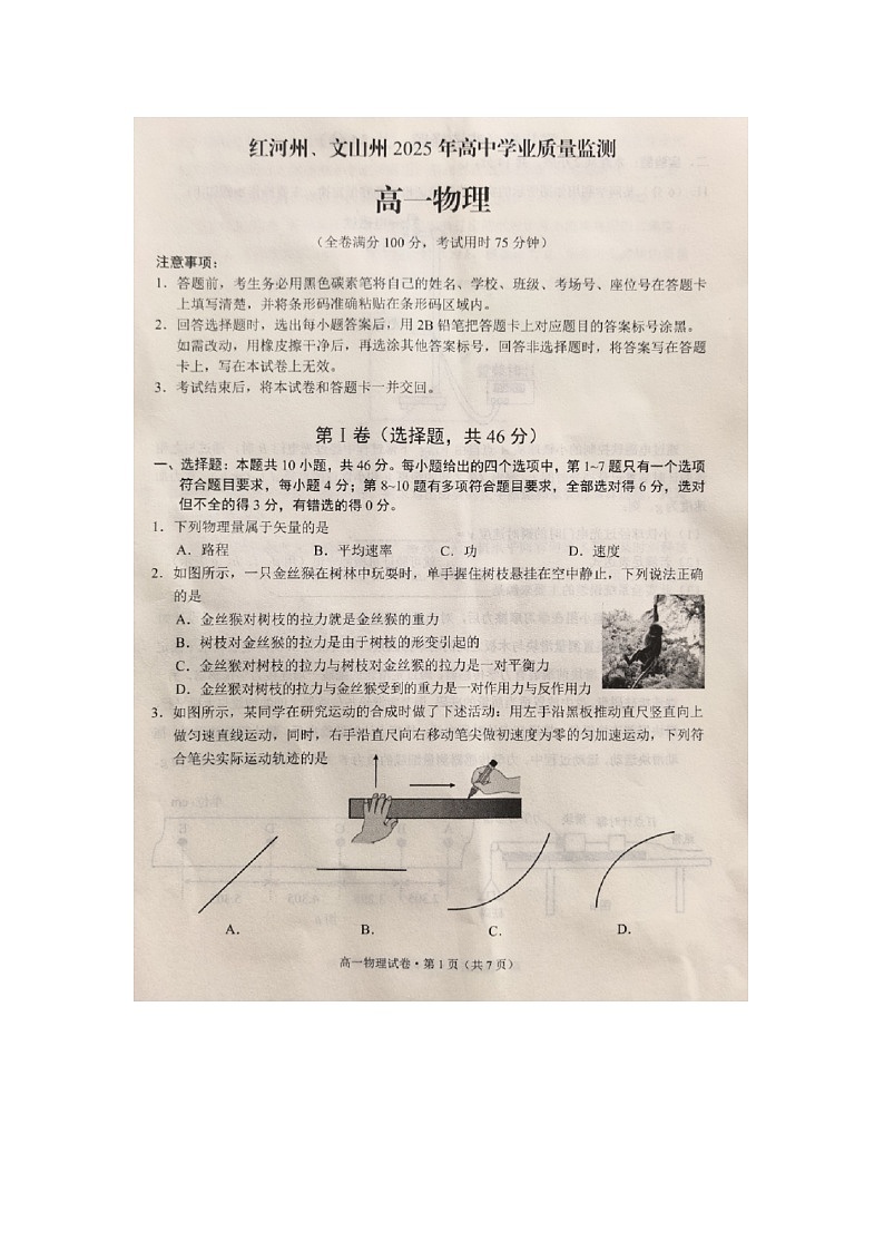 【物理】云南省红河州、文山州联考2024-2025学年高一下学期7月期末试题（图片版）第1页