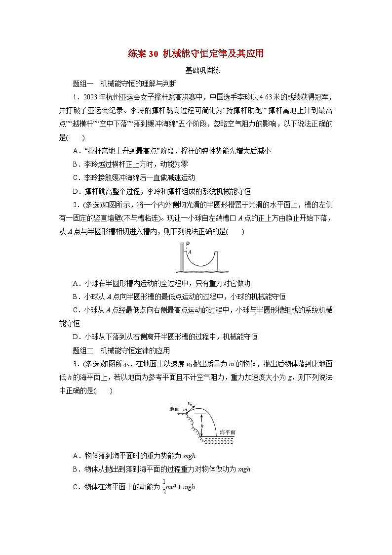 2026届高考物理一轮总复习提能训练练案30机械能守恒定律及其应用第1页