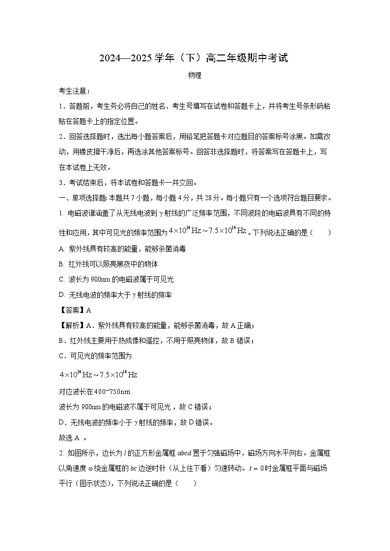 河南省天一联考2024-2025学年高二下学期4月期中物理试卷（解析版）第1页