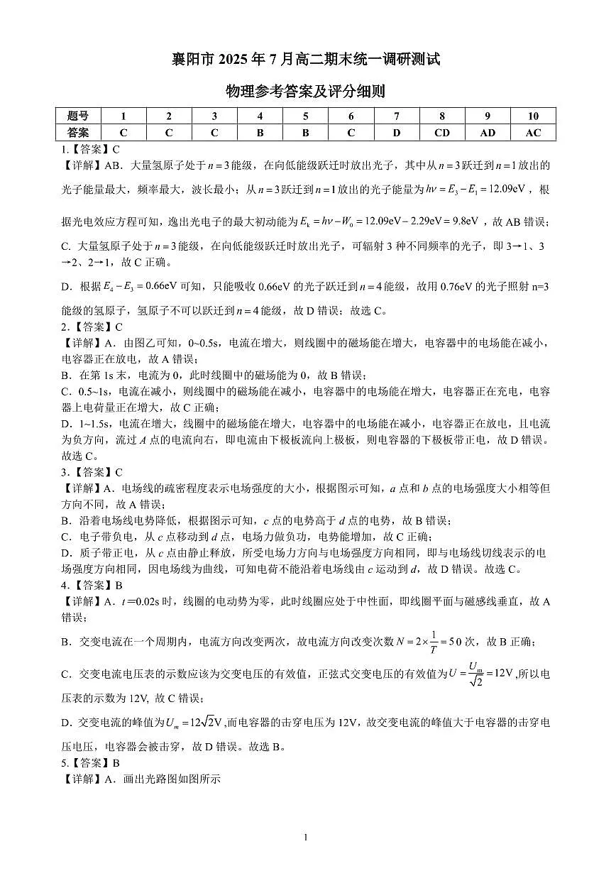 湖北省襄阳市2025年7月高二期末统一调研测试 物理答案.pdf第1页
