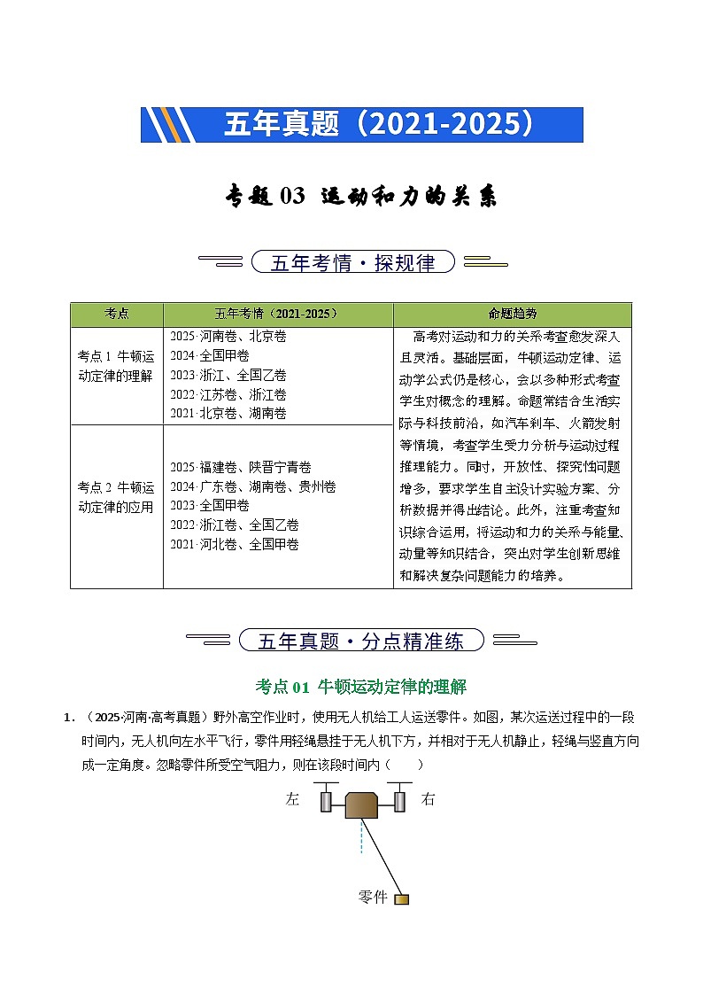 五年（2021-2025）高考物理真题分类汇编：专题03 运动和力的关系（全国通用）（解析版）第1页