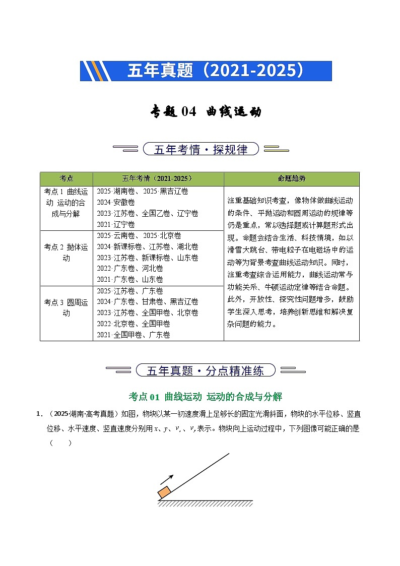 五年（2021-2025）高考物理真题分类汇编：专题04 曲线运动（全国通用）（原卷版）第1页