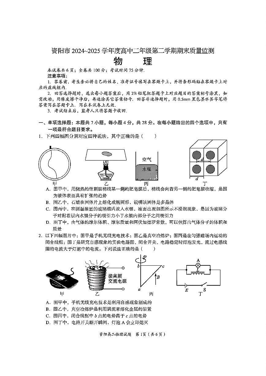 四川省资阳市2024-2025学年高二下学期期末质量监测物理含答案第1页