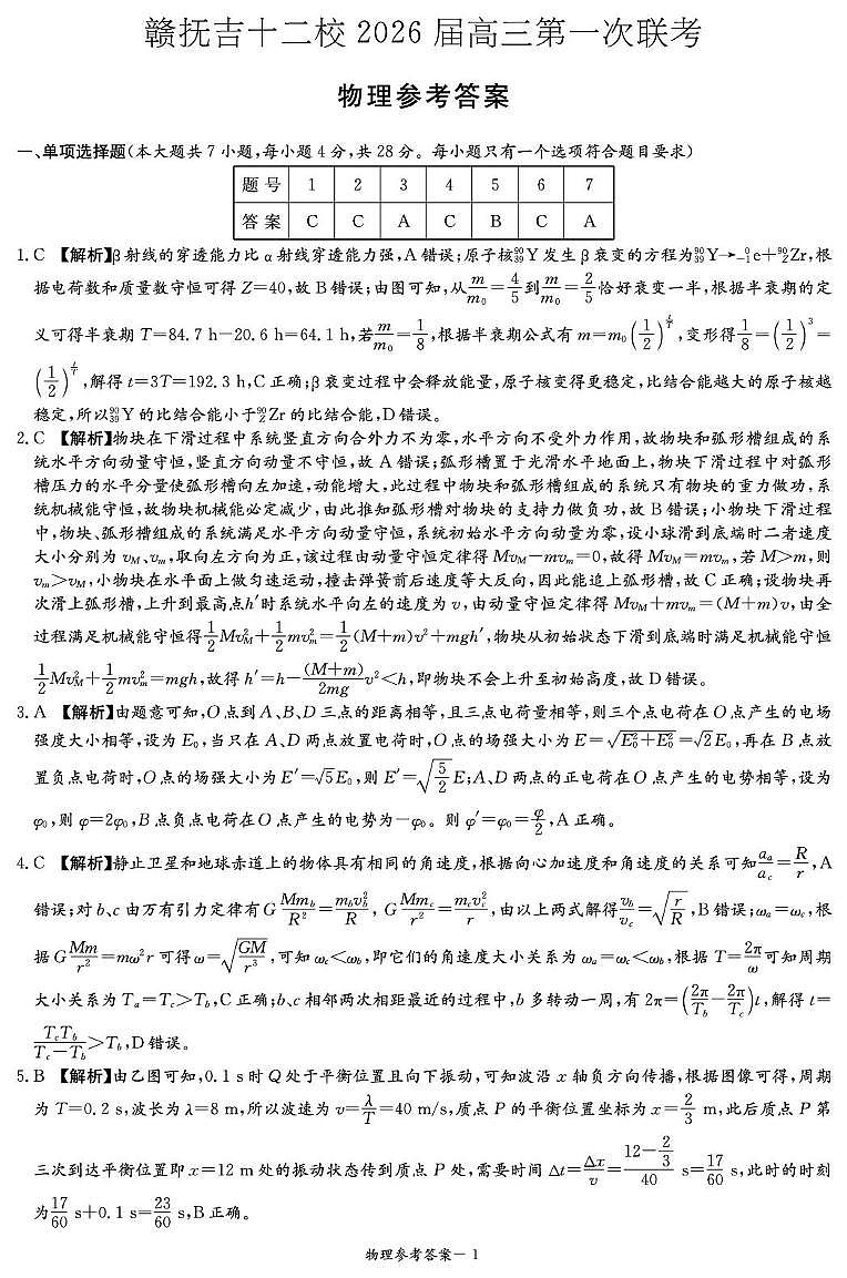 2026届江西赣抚吉十二校高三下学期第一次联考物理答案第1页