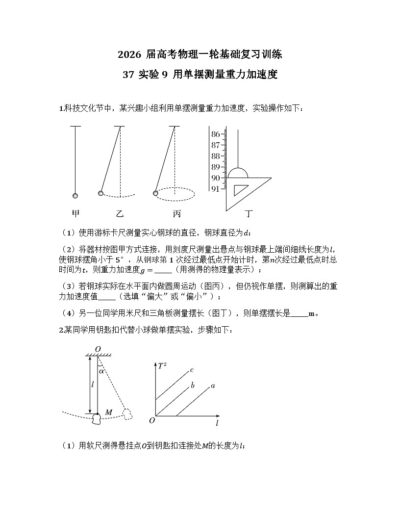 2026届高考物理一轮基础复习训练37实验9 用单摆测量重力加速度第1页