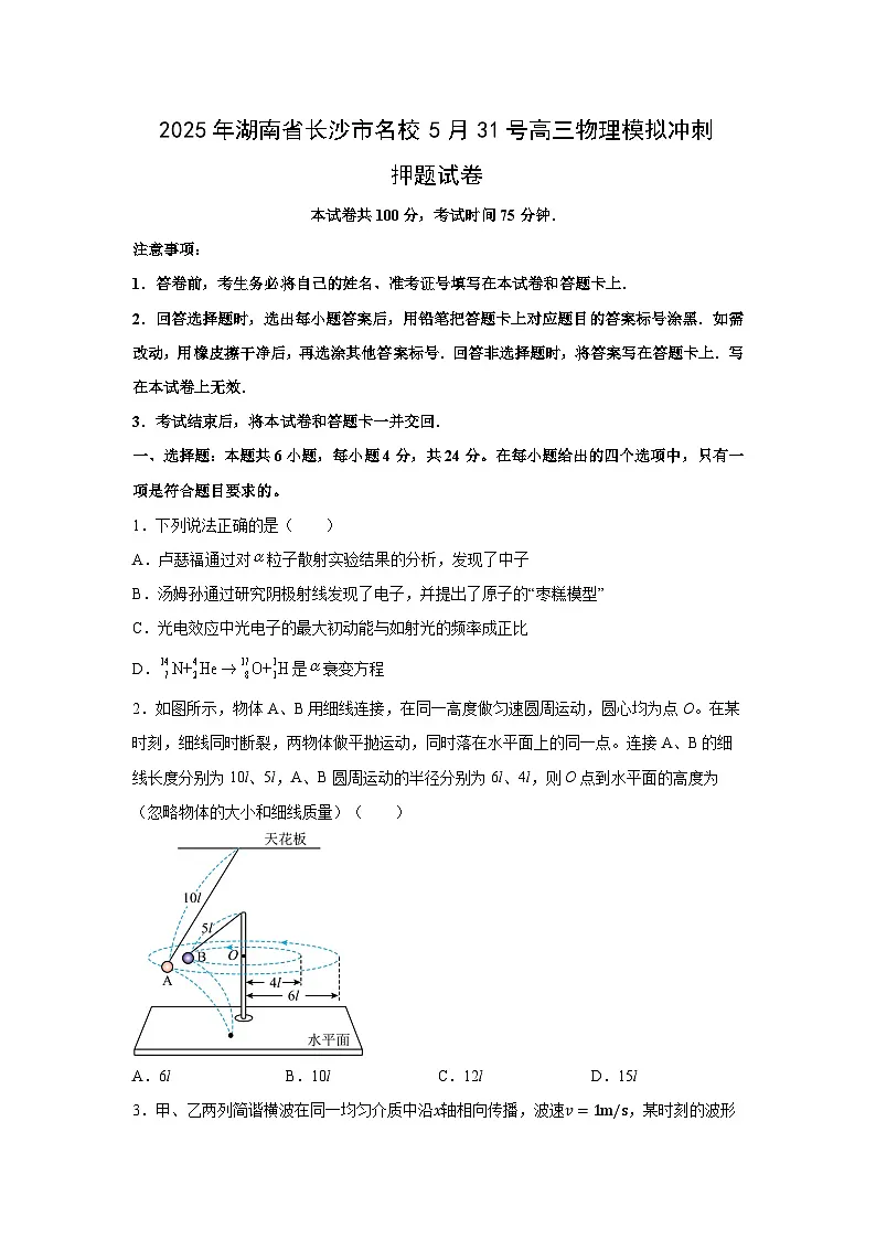 2025届湖南省长沙市名校高三下学期5月模拟冲刺押题物理试卷（解析版）第1页