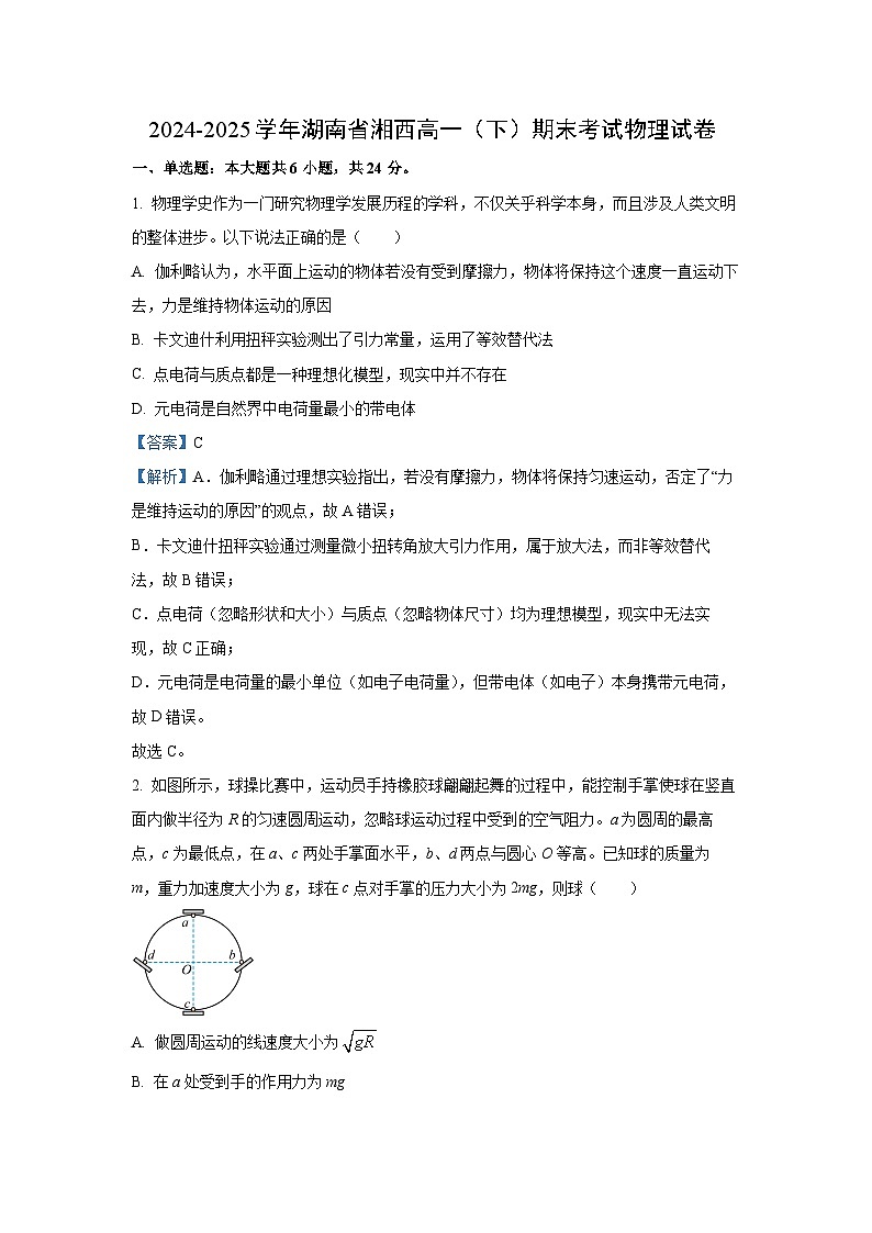 湖南省湘西土家族苗族自治州2024-2025学年高一下学期期末考试物理试卷（解析版）第1页