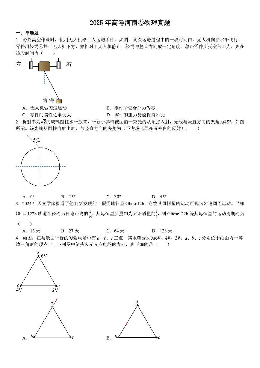 2025年高考真题 河南物理-试题（含答案）第1页