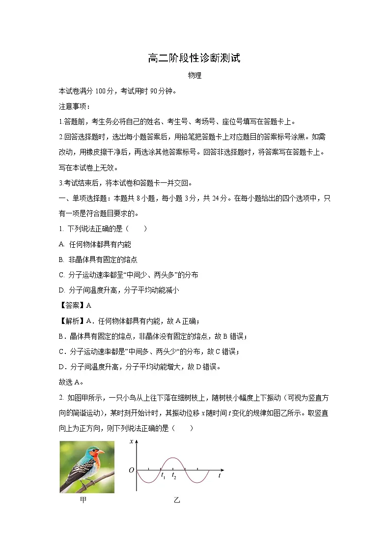 山东省部分学校2024-2025学年高二下学期4月阶段性诊断测试物理试卷（解析版）第1页