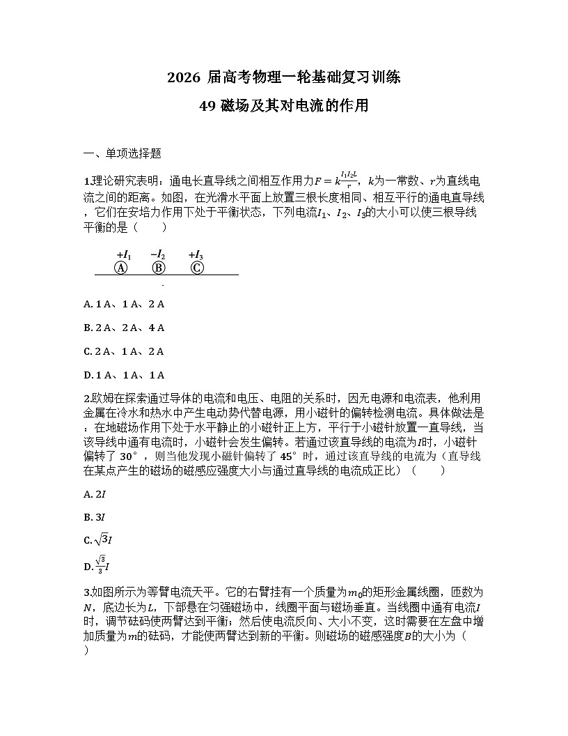 2026届高考物理一轮基础复习训练49 磁场及其对电流的作用第1页