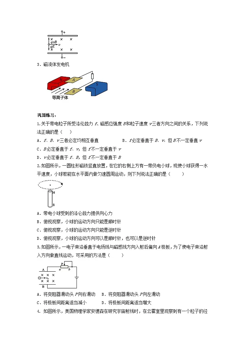 1.2 磁场对运动电荷的作用力 导学案 -高中物理人教版（2019）选择性必修第二册第3页