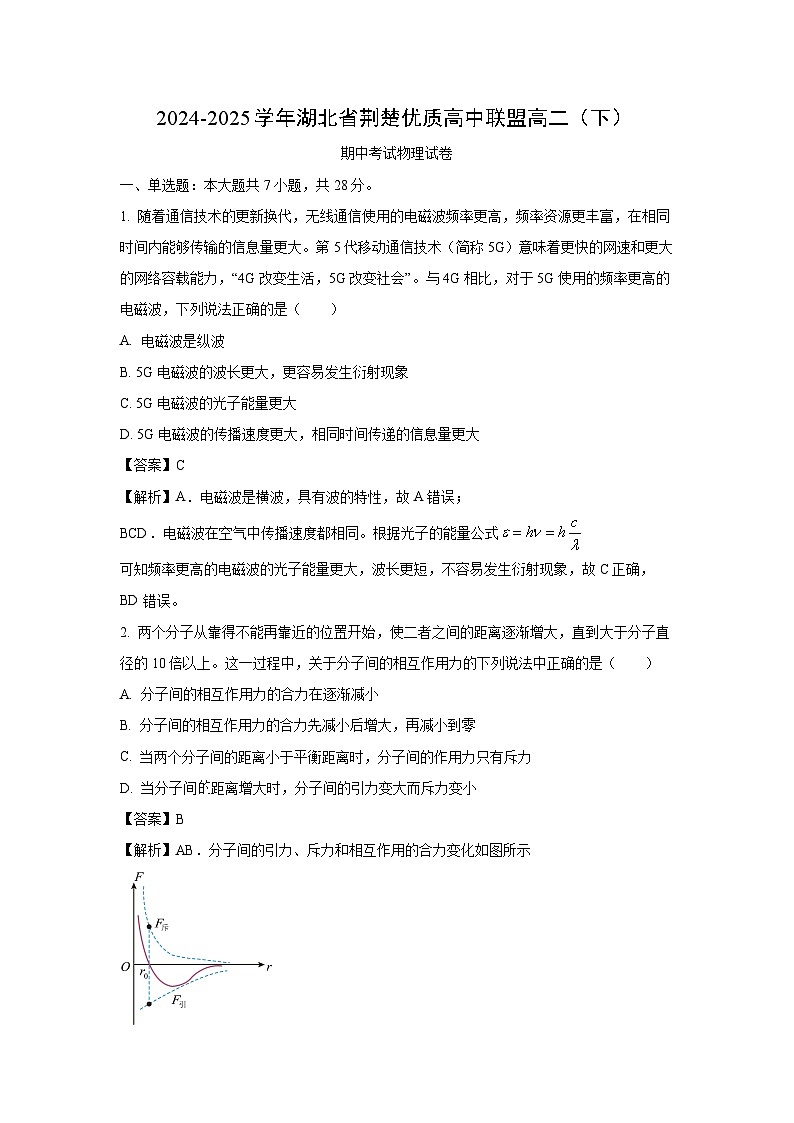湖北省荆楚优质高中联盟2024-2025学年高二下学期期中真题考试物理试卷（解析版）第1页