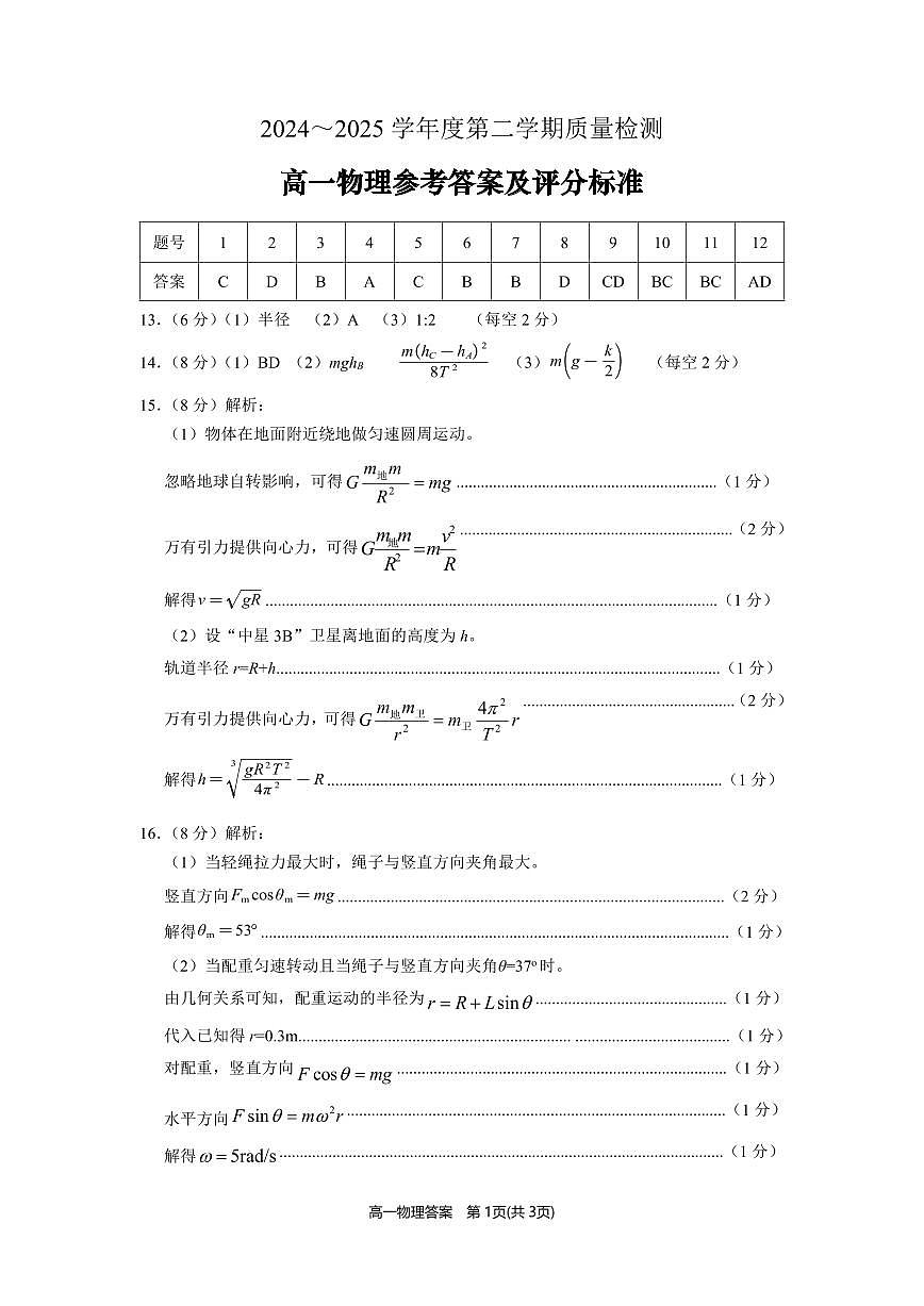 山东省济宁市2024-2025学年高一下学期质量监测物理答案（PDF版）第1页