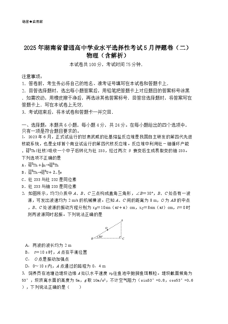 2025年湖南省普通高中学业水平选择性考试5月押题卷（二）物理（含解析）第1页