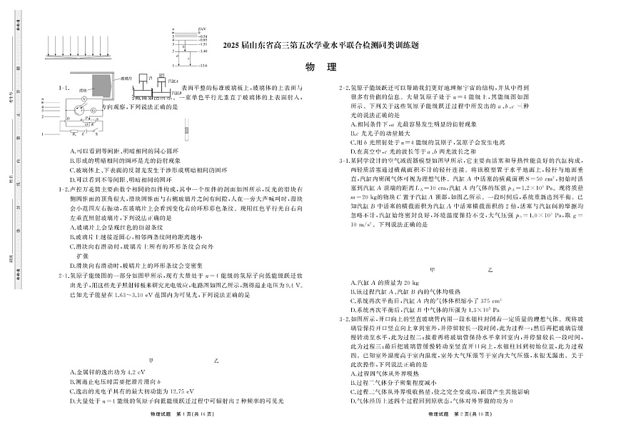 山东省齐鲁名校联考2025届高三下学期学业水平联测（五）-物理试卷（含答案）第1页