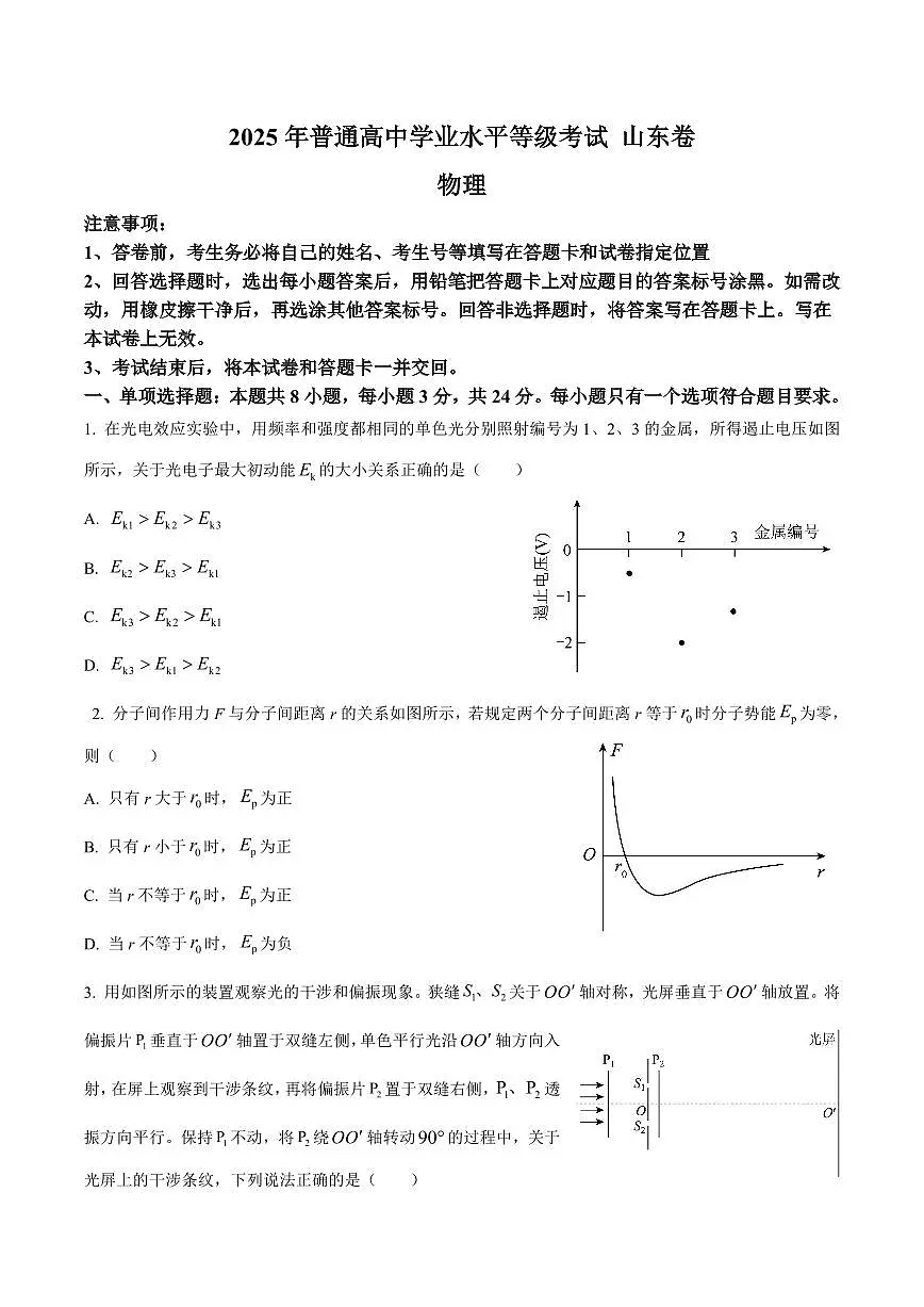 2025年山东省高考招生统一考试高考真题物理试卷（真题+答案）第1页