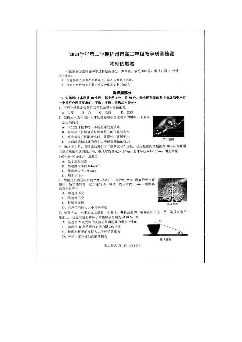 浙江省杭州市2024-2025学年高二下学期期末质检物理卷含答案第1页