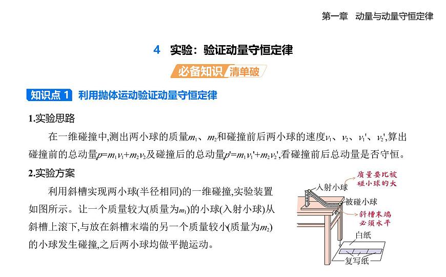 1.4实验_验证动量守恒定律知识点串讲课件-教科版（2019）高中物理高二上选必 1第1页