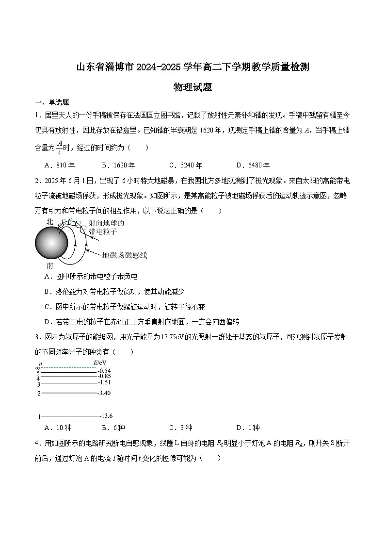 山东省淄博市2024-2025学年高二下学期期末考试物理试卷（Word版附答案）第1页