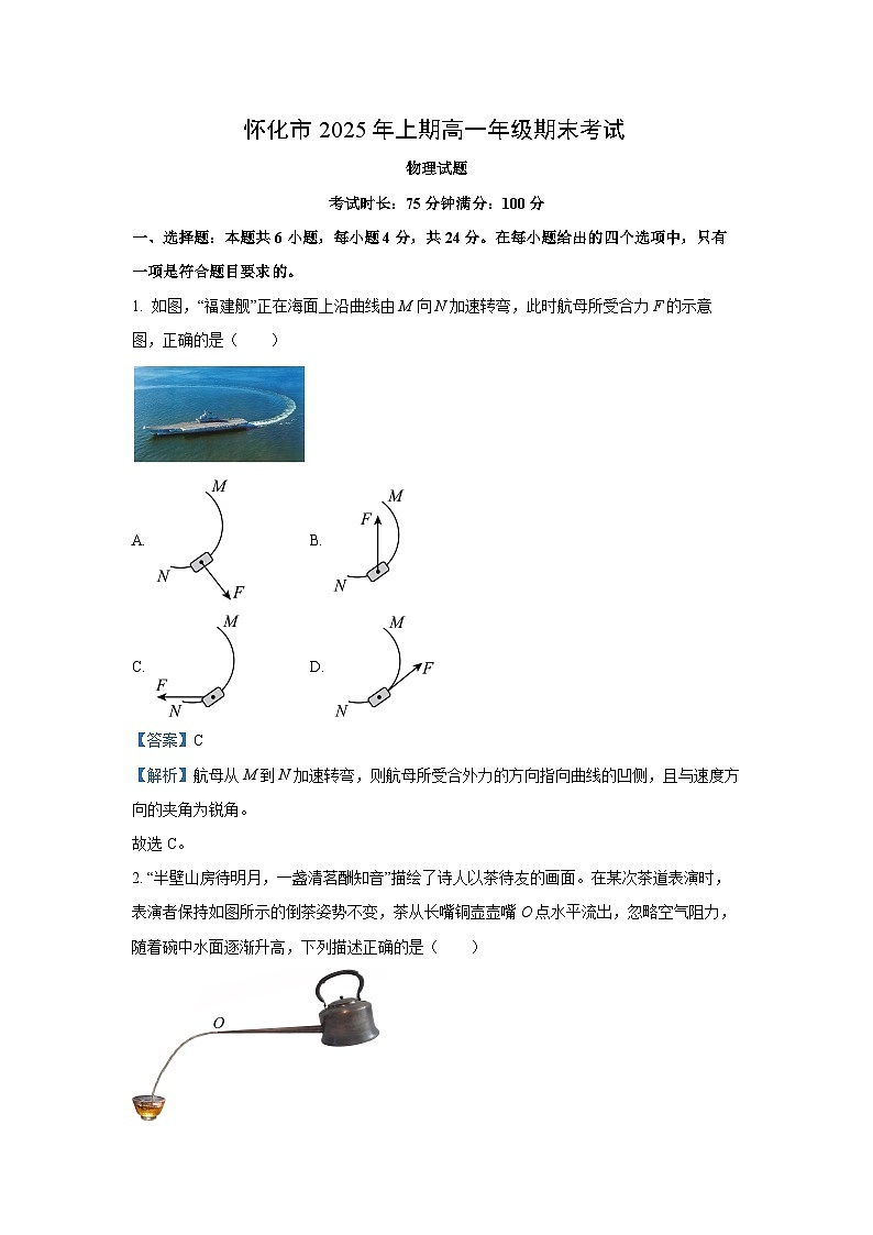 【物理】湖南省怀化市2024-2025学年高一下学期期末考试试题（解析版）第1页