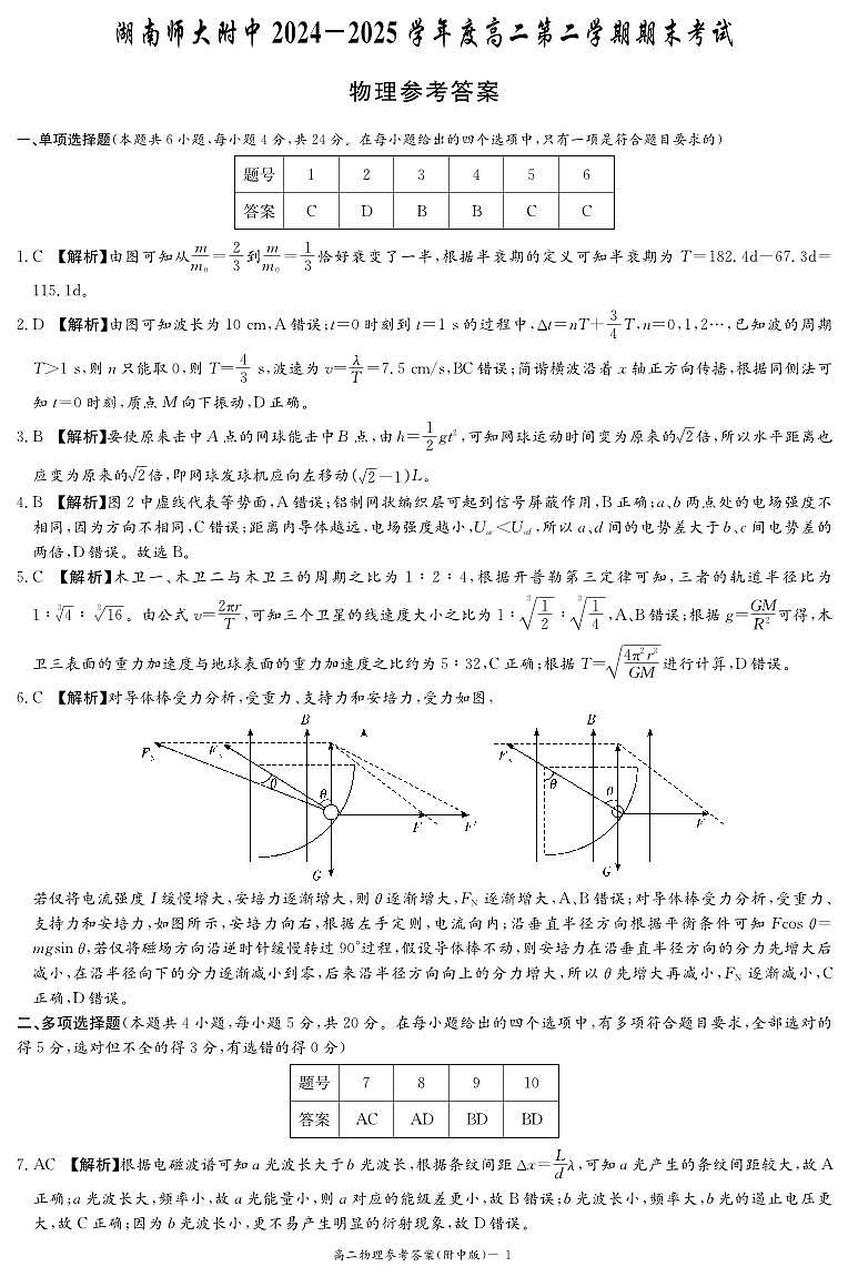 物理答案-湖南师大附中2024-2025高二下期末第1页