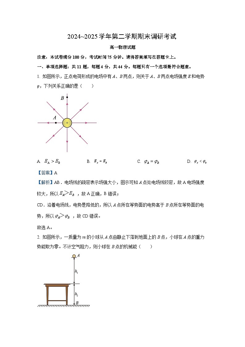 【物理】江苏省连云港市2024-2025学年高一下学期期末调研考试试题（解析版）第1页