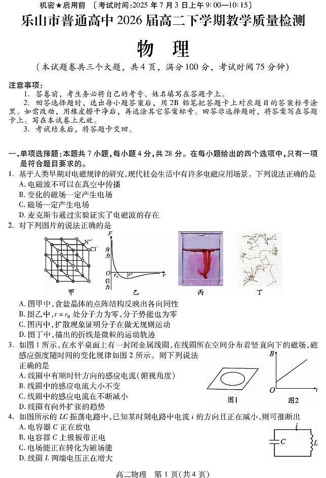 四川省乐山市2025届新高二下学期7月期末考试-物理试题+答案第1页