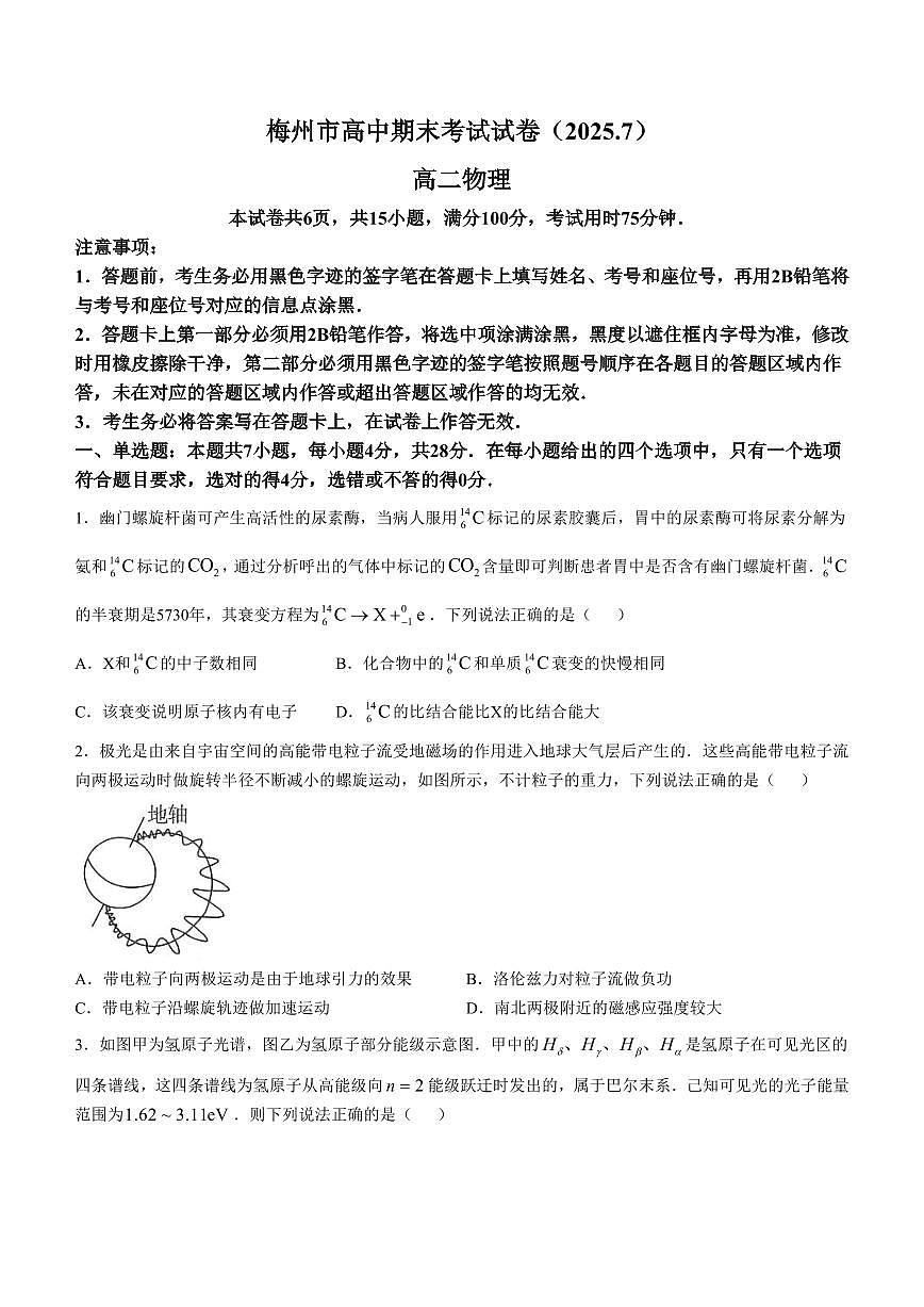 广东省梅州市2024-2025学年高二下学期期末考试物理试题（PDF版附答案）第1页