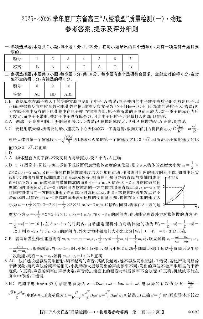广东八校联盟2026届高三上学期质量检测（一） 物理答案第1页