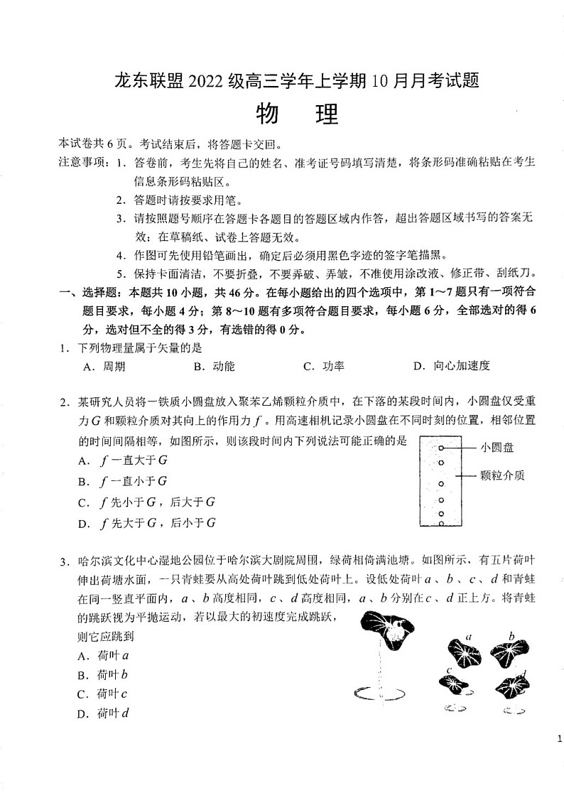 2025届黑龙江省龙东联盟高三下学期10月月考-物理试题（含答案）第1页