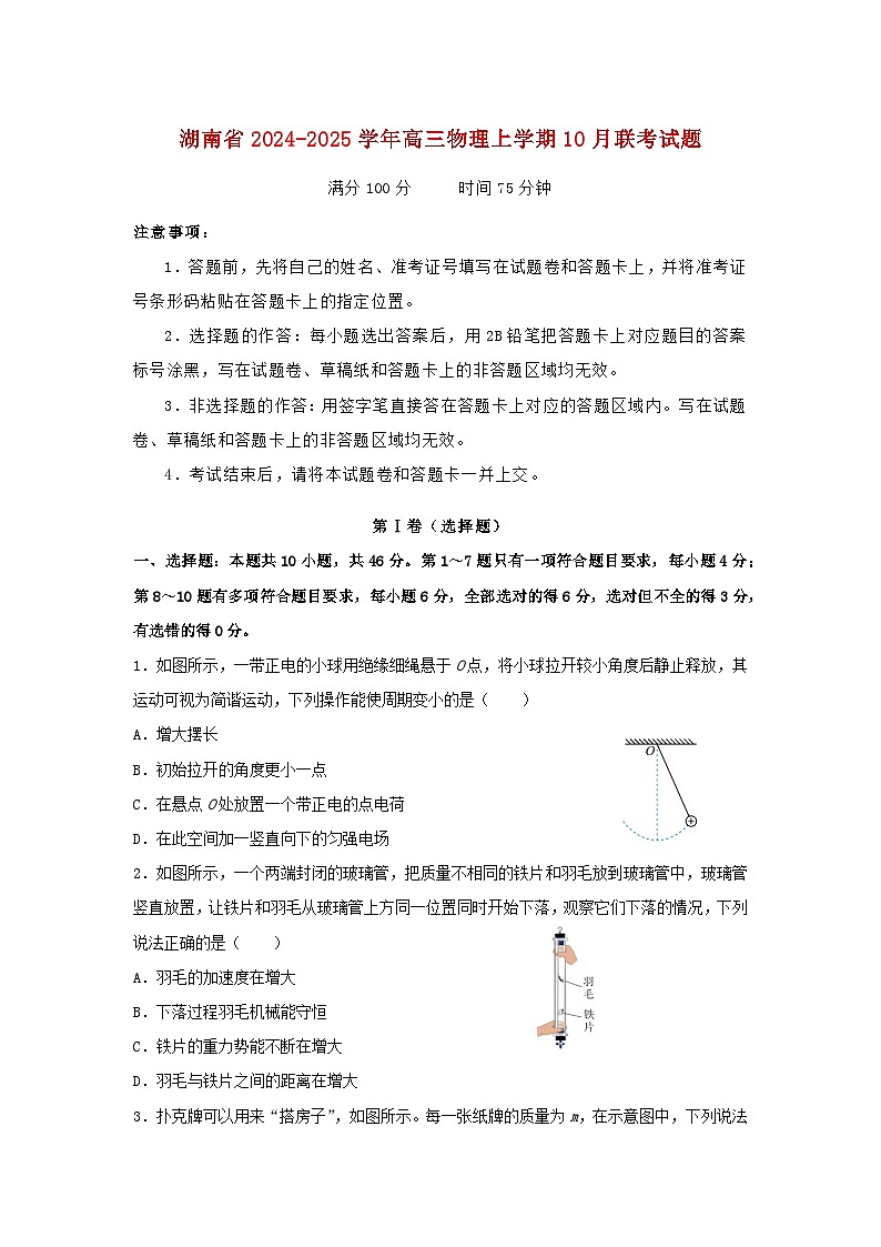 湖南省2024_2025学年高三物理上学期10月联考试题含解析第1页