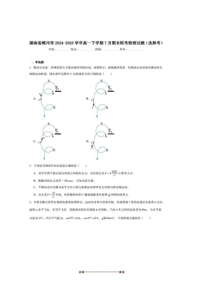 2024～2025学年湖南省郴州市高一下期末教学质量监测物理(选择考)试卷(含解析)第1页