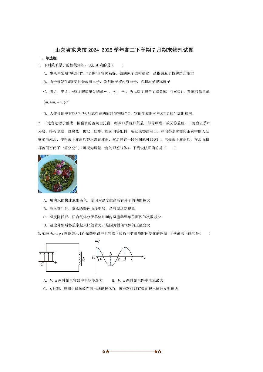 2024～2025学年山东省东营市高二下期末质量监测物理试卷第1页