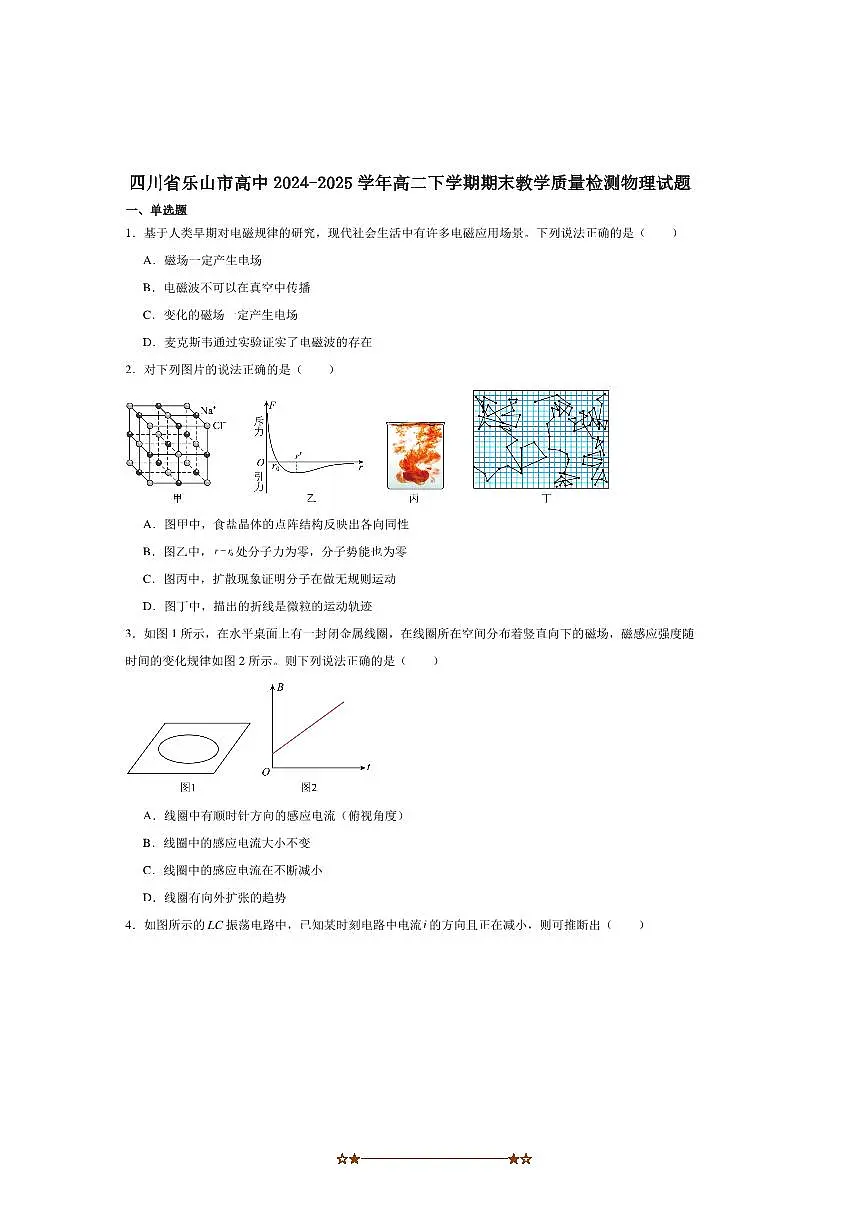 2024～2025学年四川省乐山市高二下期末教学月考物理试卷第1页