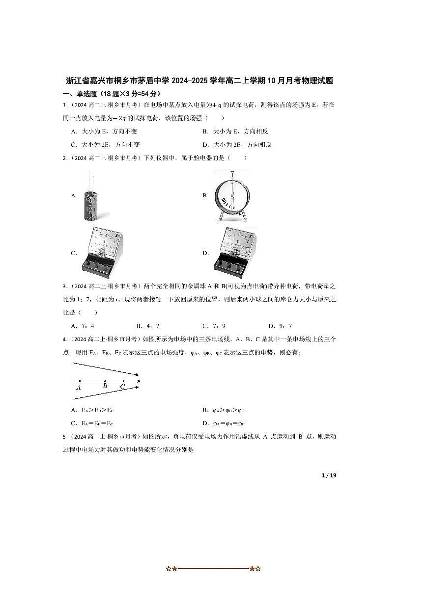 2024～2025学年浙江省嘉兴市桐乡市茅盾中学高二上10月月考物理试卷第1页