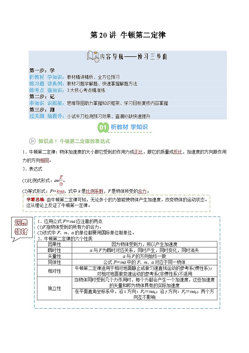 【新课预习】第20讲 牛顿第二定律 (教师版) -2025年新高一物理暑假衔接讲练 (人教版)第1页