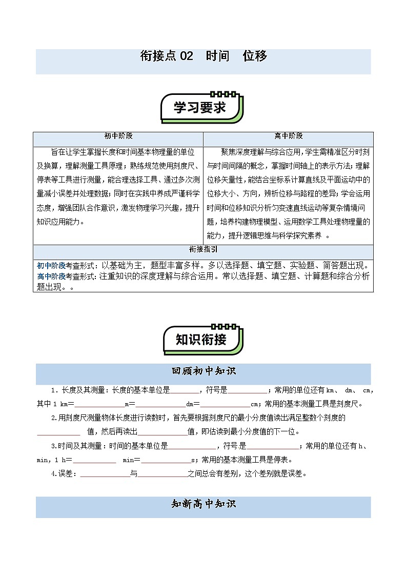【初高衔接】衔接点02 时间 位移（学生版）-2025年初升高物理暑假衔接讲练 (通用版)第1页