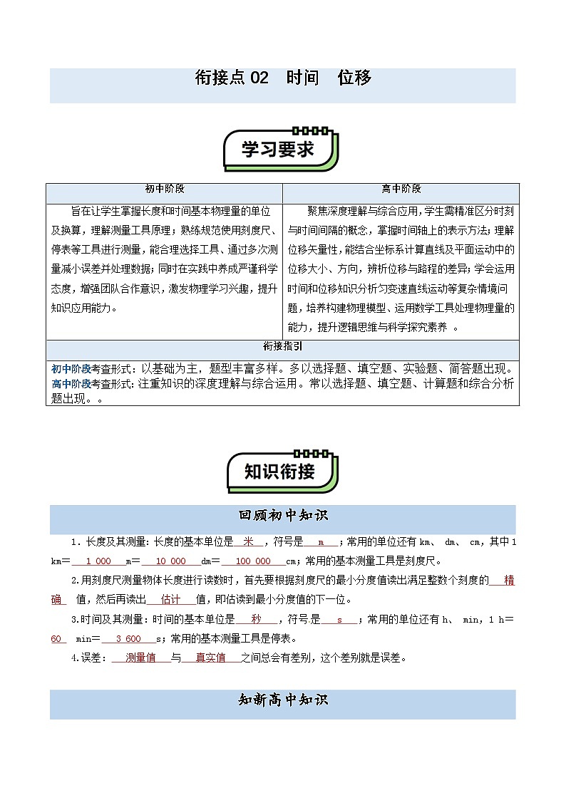 【初高衔接】衔接点02 时间 位移（教师版）-2025年初升高物理暑假衔接讲练 (通用版)第1页