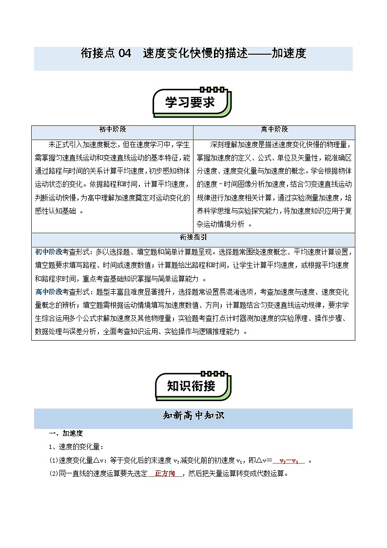 【初高衔接】衔接点04 速度变化快慢的描述——加速度（教师版）-2025年初升高物理暑假衔接讲练 (通用版)第1页
