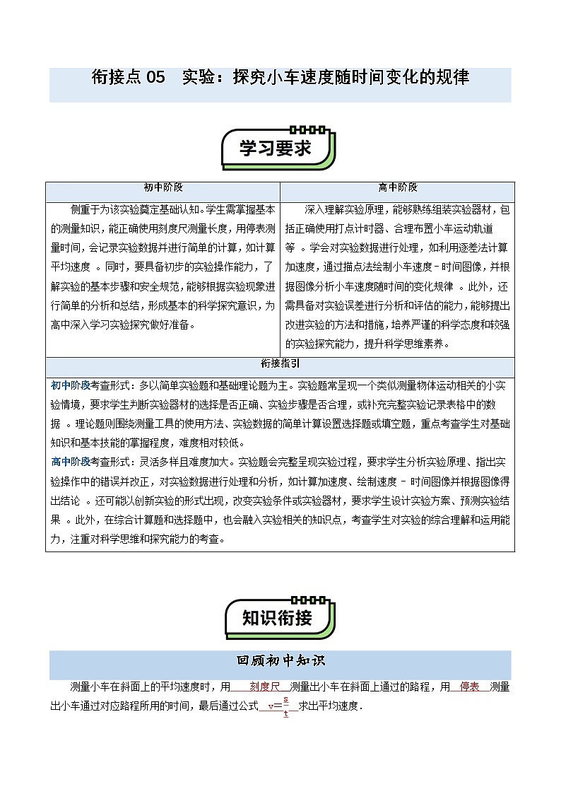 【初高衔接】衔接点05 实验：探究小车速度随时间变化的规律（教师版）-2025年初升高物理暑假衔接讲练 (通用版)第1页