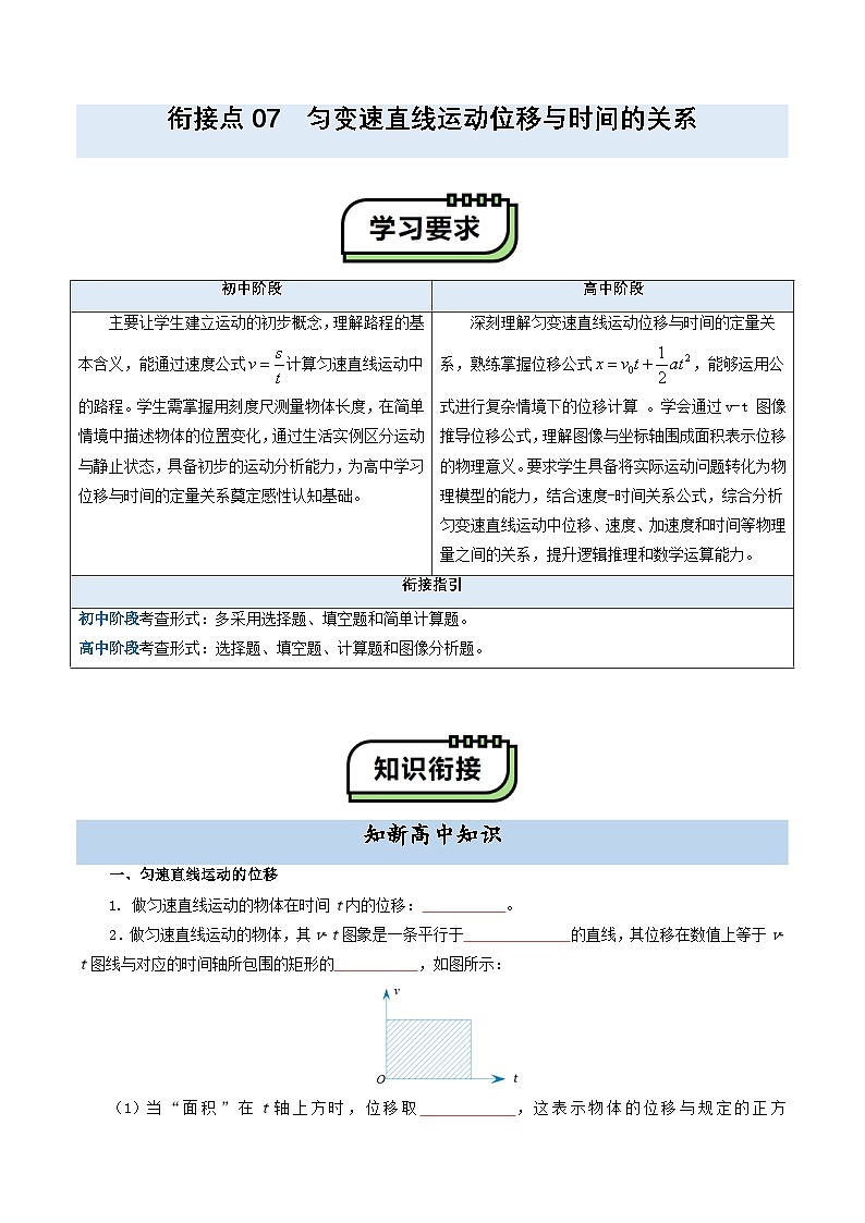 【初高衔接】衔接点07 匀变速直线运动位移与时间的关系（学生版）-2025年初升高物理暑假衔接讲练 (通用版)第1页
