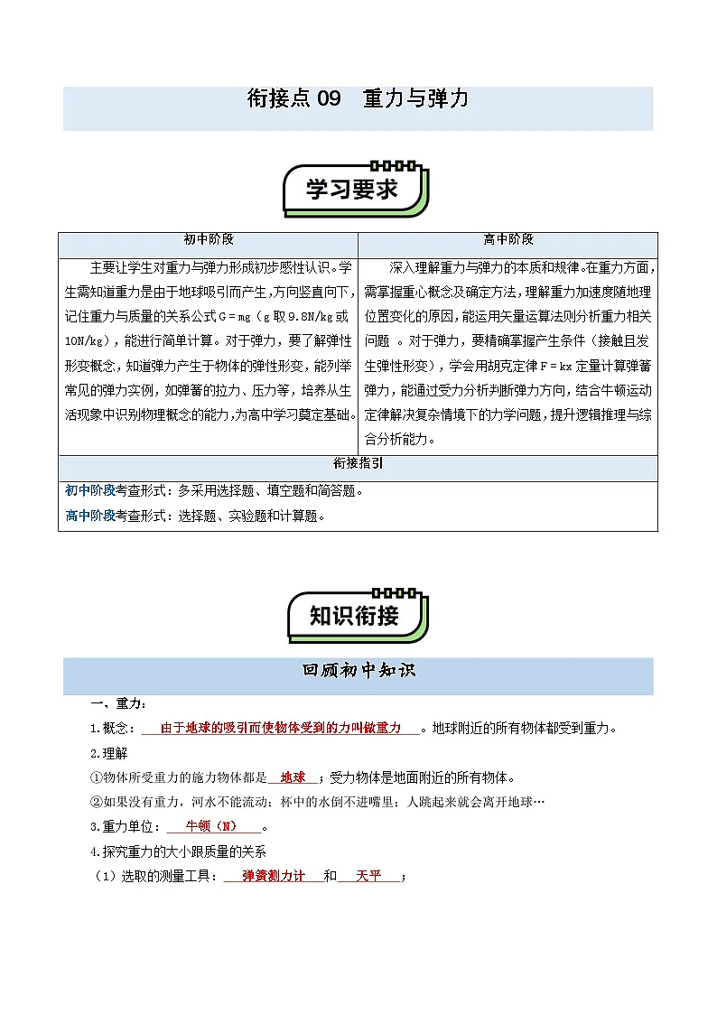 【初高衔接】衔接点09 重力与弹力（教师版）-2025年初升高物理暑假衔接讲练 (通用版)第1页